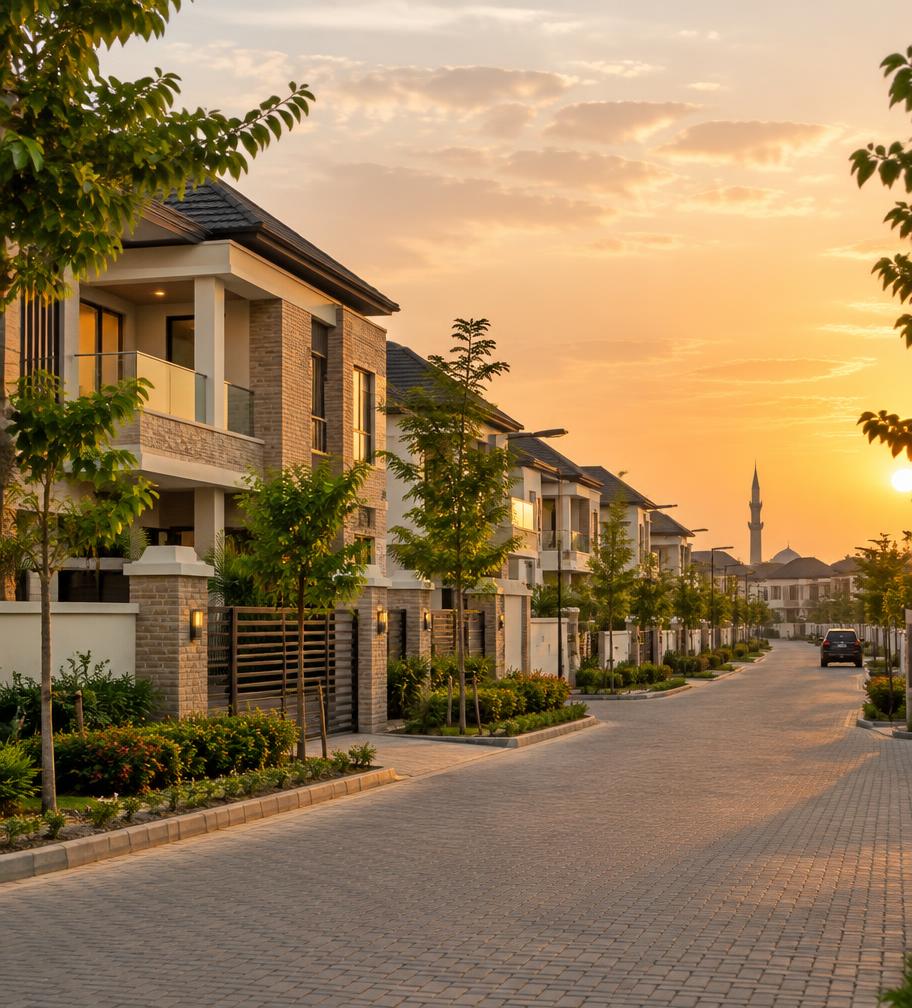 A quiet, well-planned residential estate street at sunset with contemporary family homes